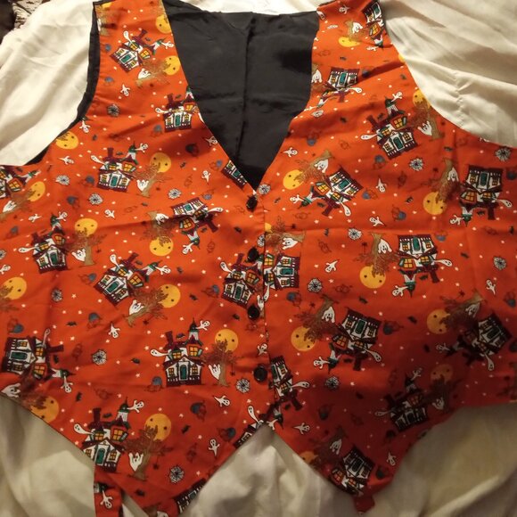 Halloween Vest Orange w/haunted houses & ghost 1X Basic Edition Cotton/Acetate - Picture 1 of 5